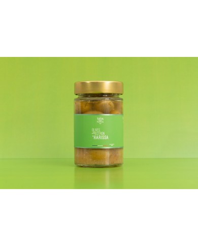 Olives vertes halkidiki au citron et Harissa 100gr Olives vertes halkidiki au citron et Harissa 100gr